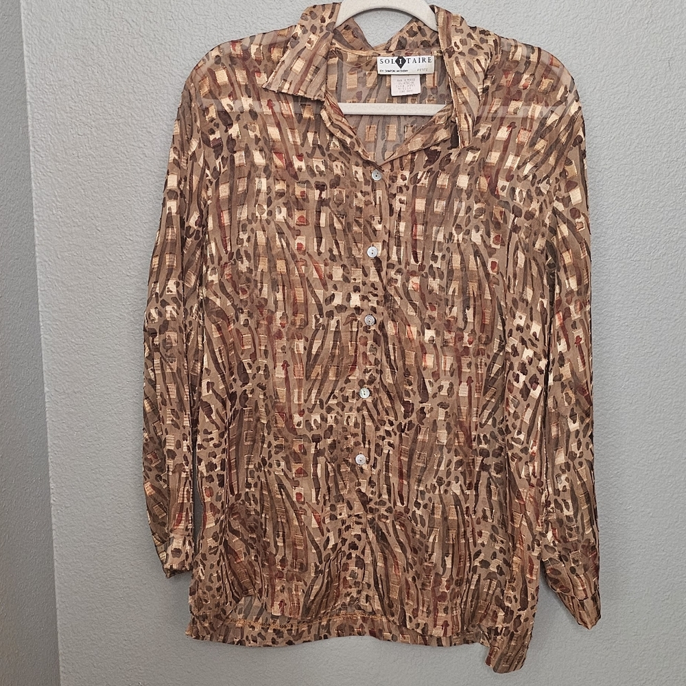Vintage 90s Sheer Gold Animal Print Blouse Size Medium petite